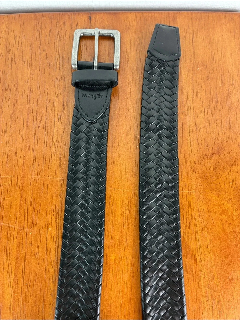 Wrangler Black Belt Woven Braided Bonded Leather Silver Buckle Size 42/105